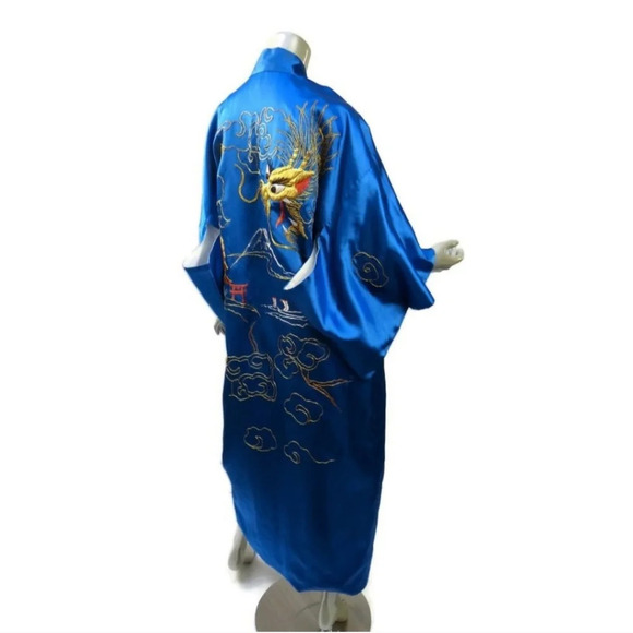 Vtg Cobalt Blue Satin Sea Serpent Landscape Embroidered‎ Kimono Fully Lined - Picture 7 of 12